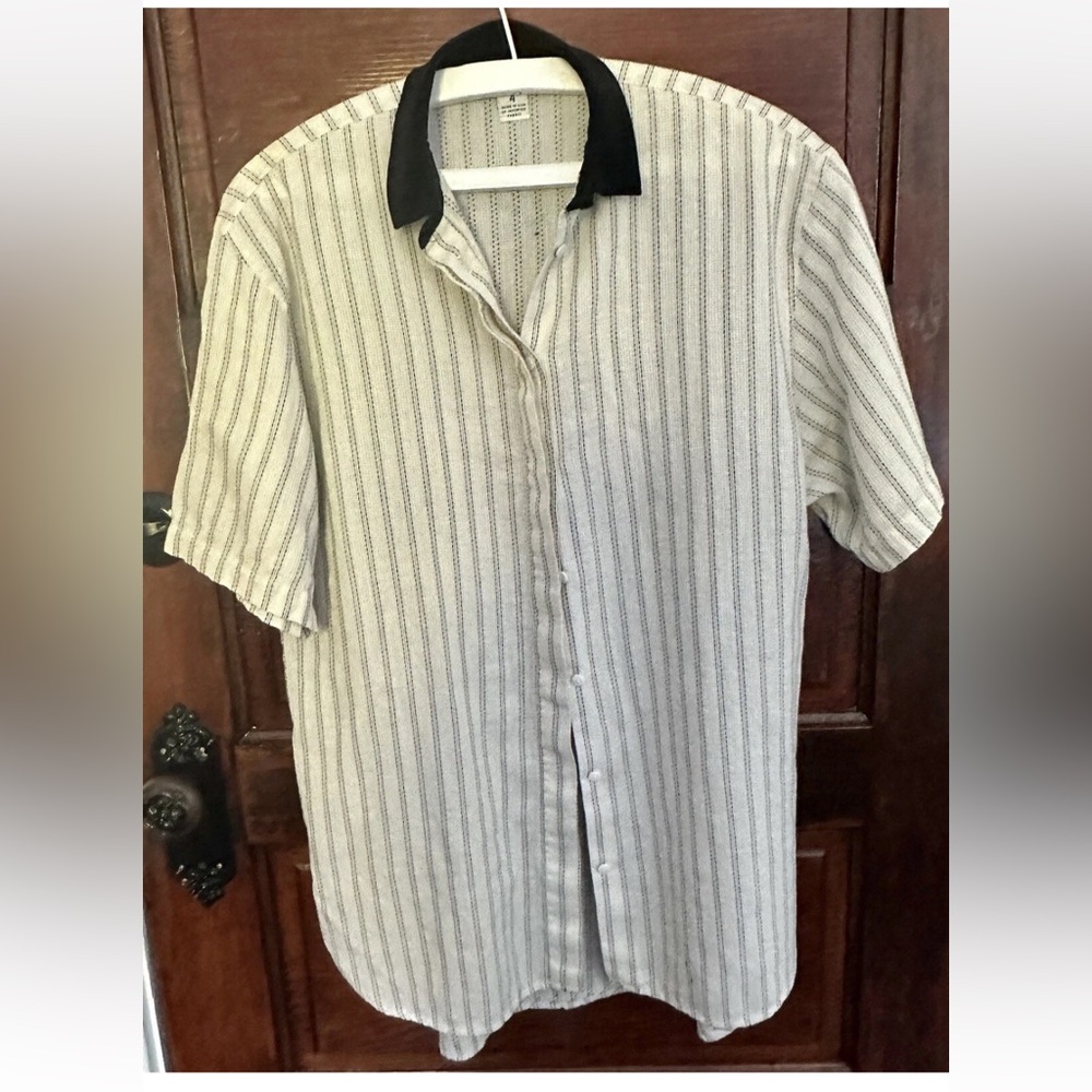 VINTAGE Spitalnick Striped Black Cream Blouse Womens Medium Button Up Top